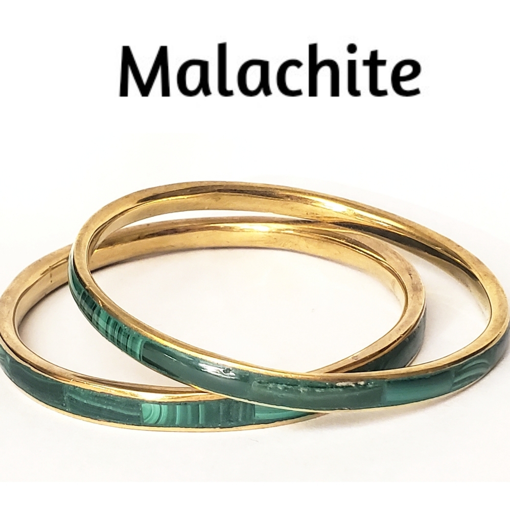 Malachite Bracelet, Malachite Brass Bracelet, Vintage, Inlaid, 1970s 1 Pc